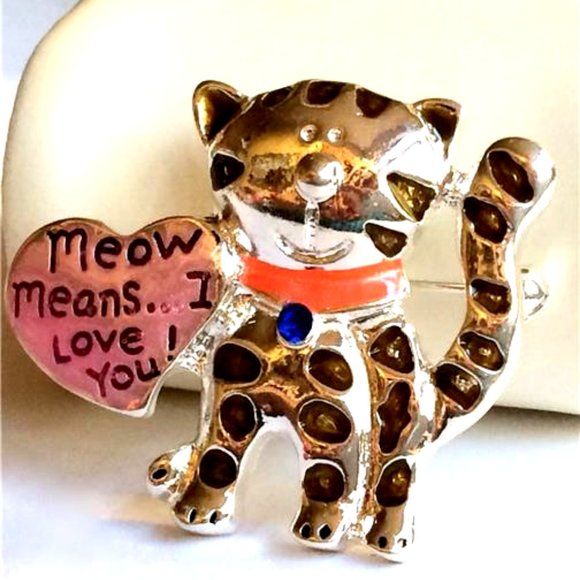 Kitty Cat Pin Brooch Pendant MEOW MEANS LOVE Cat MOM Heart Silver Plated - Picture 6 of 12